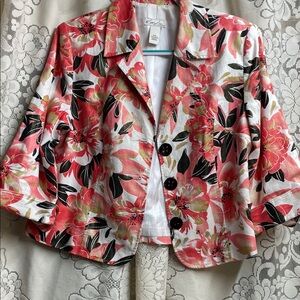 Kim Rogers Petite Linen/Cotton Blend Floral Blazer - Coral, Tan, and Black